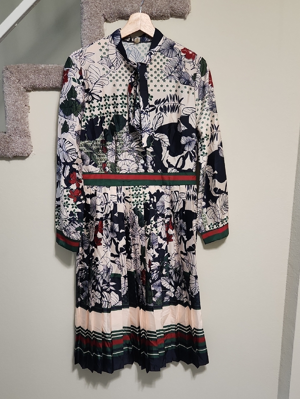 Floral Print Midi Dress with Tie Neck in Cream and Navy